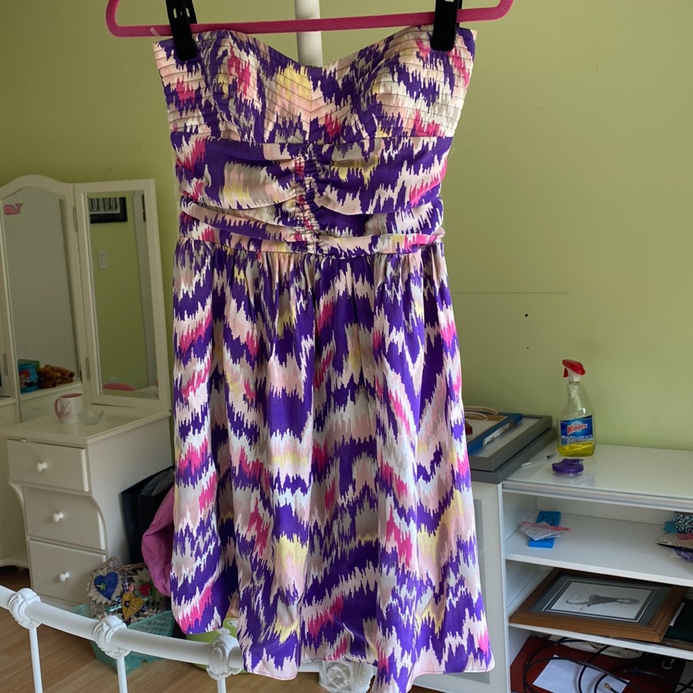 Colorful, mini strapless dress